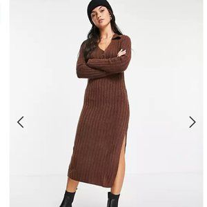 ASOS DESIGN knitted midi dress with collar and button front in rust